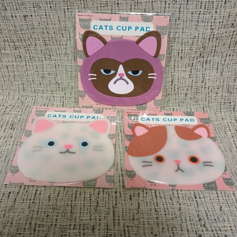 Set of 3 Cat Silicone Coasters Grumpy White Calico Kitty Cup Pads Heat Resistant